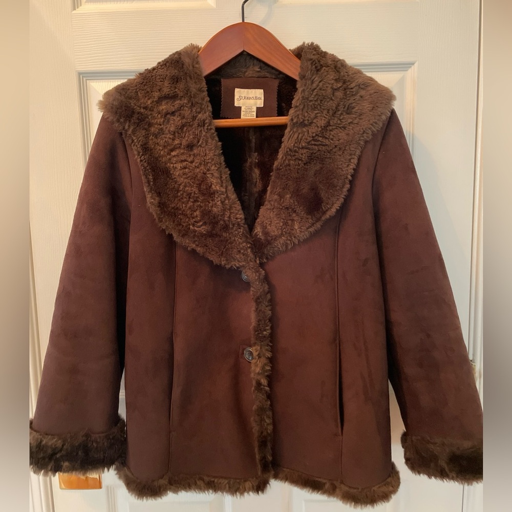 St. John's Bay Plush Coat Jacket Women’s XL Brown Suede Feel Faux Fur Lined